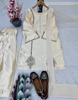 Alternative view of DESIGNER HEAVY NATURAL CREAP EMBROIDERED SEQUENCE WORK WITH FANCY TOP-PENT DUPATTA SET
