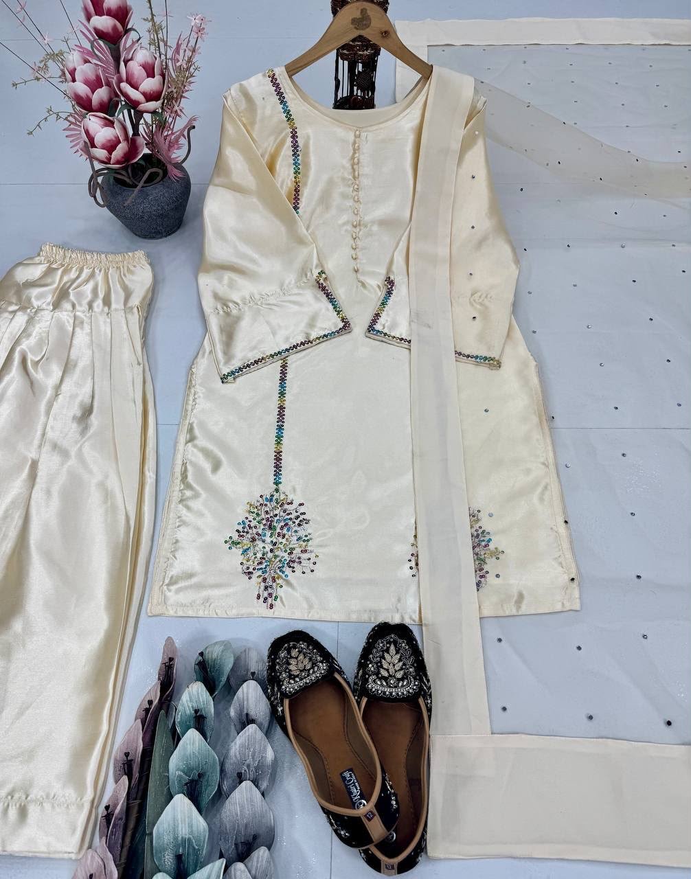 DESIGNER HEAVY NATURAL CREAP EMBROIDERED SEQUENCE WORK WITH FANCY TOP-PENT DUPATTA SET - Image 2