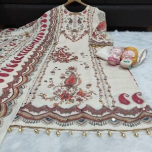 Alternative view of This outfit is a beautiful example of a-style suit in a soft cream or off-white base, featuring vibrant traditional motifs.