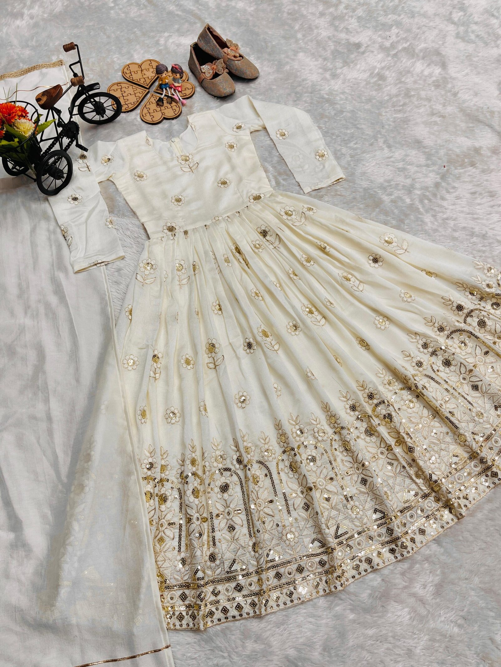 Launching New Collection Beautiful Kids Off White Gown Full Sttiched - Image 2