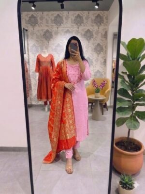 Premium Roman Silk Kurti With Handwork With Pant With Beautiful Jequard Duppata