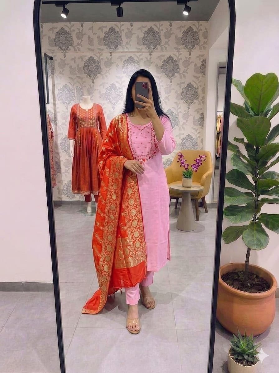 Premium Roman Silk Kurti With Handwork With Pant With Beautiful Jequard Duppata
