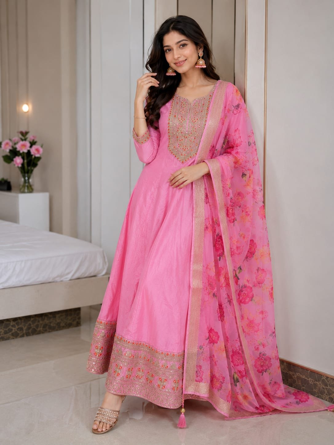 Launching New Đěsigner Pure Banana silk Anarkali Kali Gown Jequard Wiving Dupatta Set With Pent &