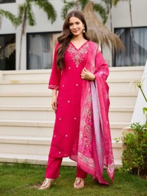 NEW Launching Women's Pink Colour val moti necessary Embroidery Kurta Pant and Dupatta Set