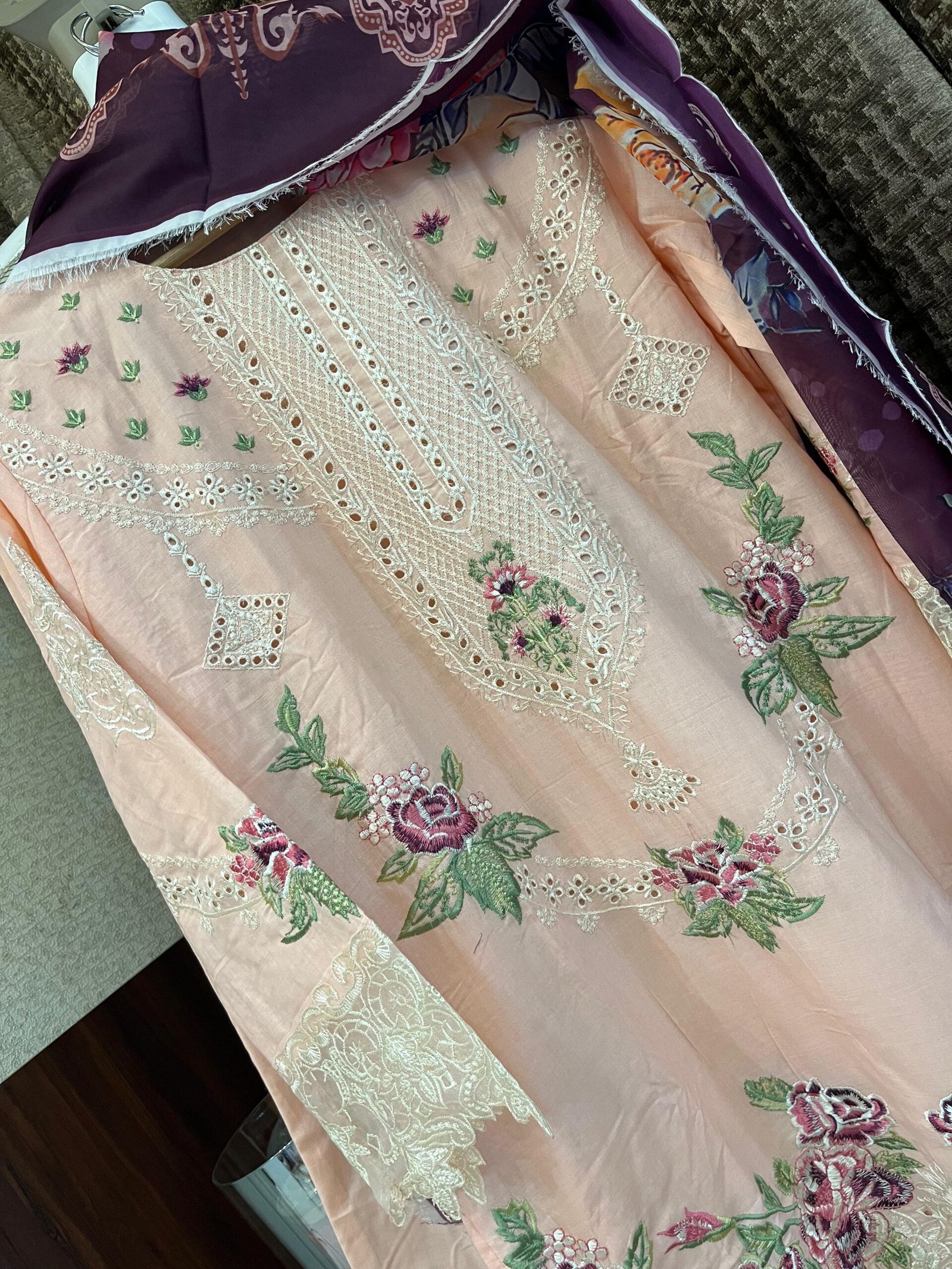 CHIKANKARI COTTON STITCHED (INNER STITCHED) WITH STITCHED COTTON BOTTOM WITH TABBY SILK DUPATTA - Image 2