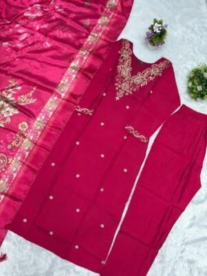 Alternative view of NEW Launching Women's Pink Colour val moti necessary Embroidery Kurta Pant and Dupatta Set
