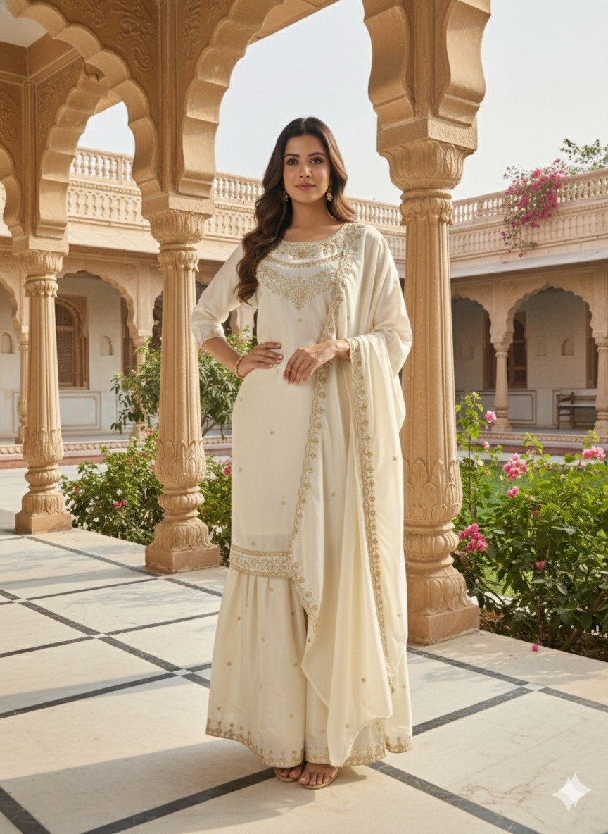 FESTIVAL SEASON LUNCH NEW DESIGNER HEAVY EMBROIDERY WORK ON FENDY FABRIC TOP SHARARA AND DUPATTA SET