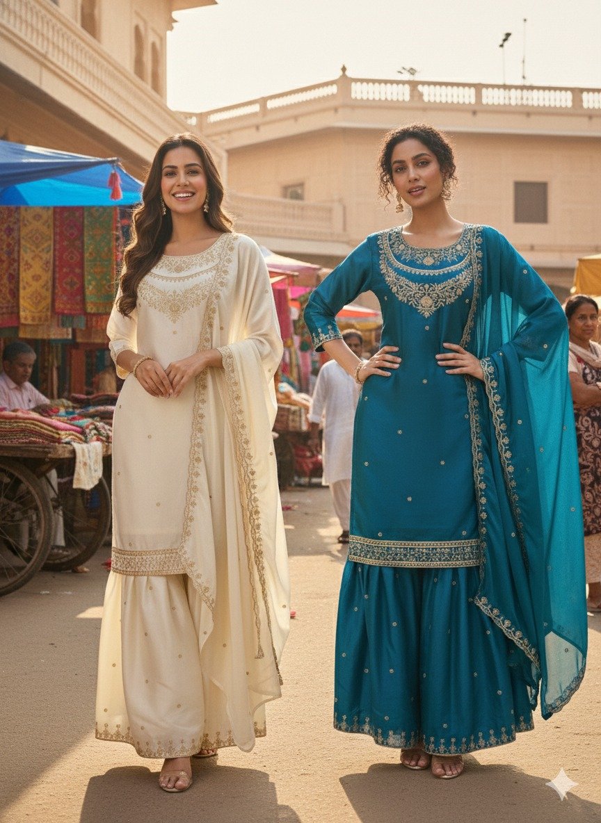 FESTIVAL SEASON LUNCH NEW DESIGNER HEAVY EMBROIDERY WORK ON FENDY FABRIC TOP SHARARA AND DUPATTA SET - Image 5