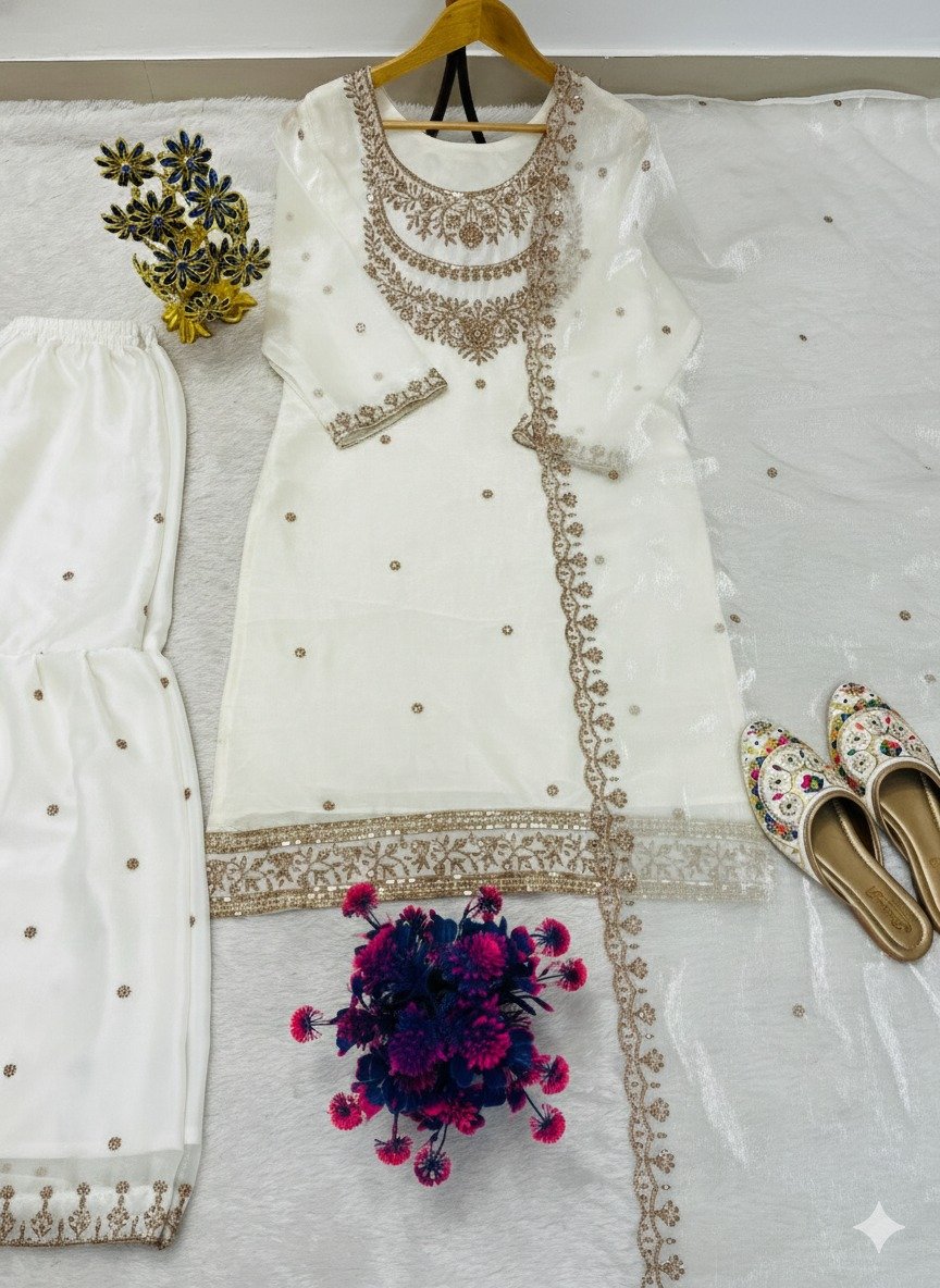 FESTIVAL SEASON LUNCH NEW DESIGNER HEAVY EMBROIDERY WORK ON FENDY FABRIC TOP SHARARA AND DUPATTA SET - Image 2