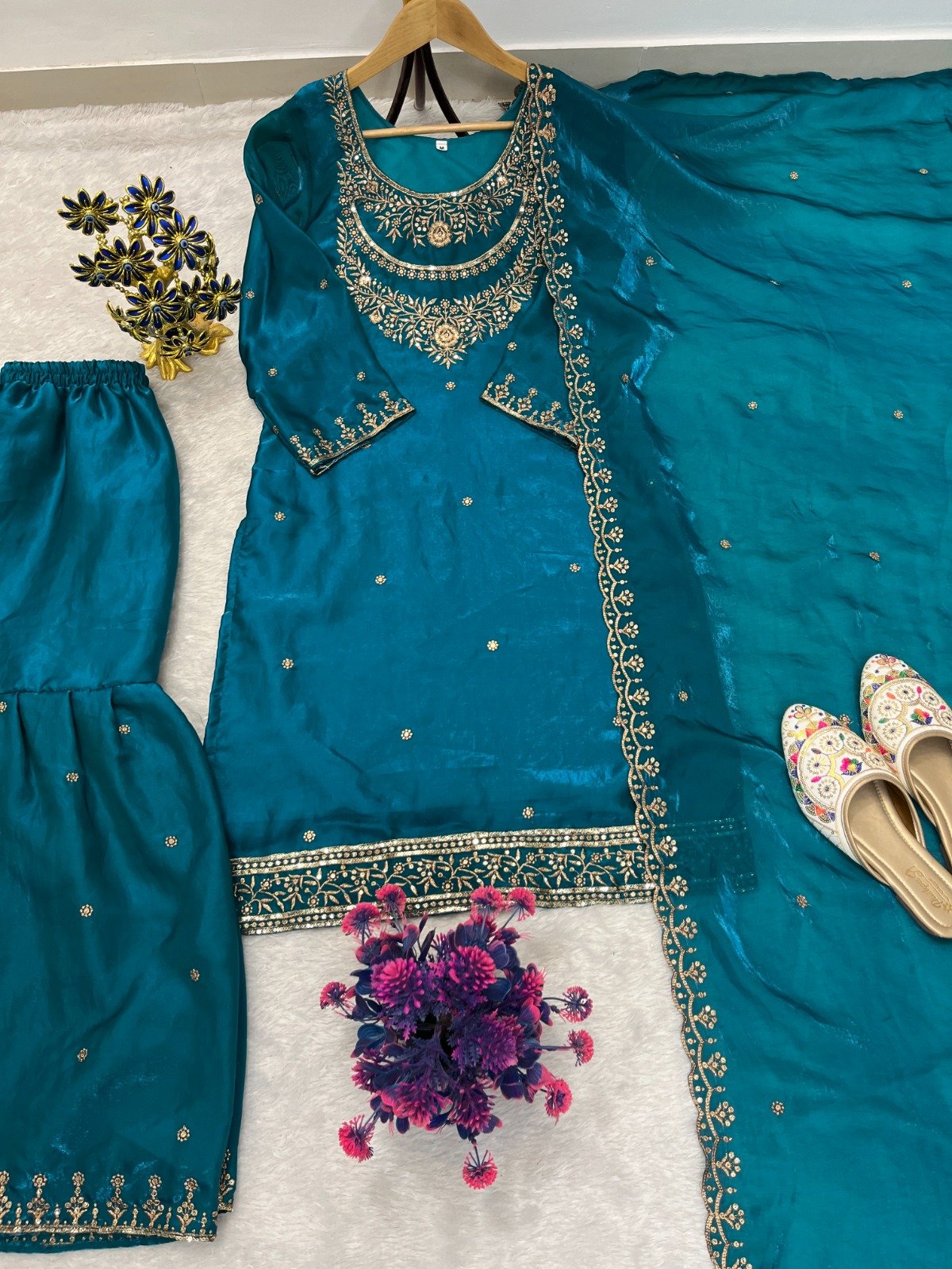 FESTIVAL SEASON LUNCH NEW DESIGNER HEAVY EMBROIDERY WORK ON FENDY FABRIC TOP SHARARA AND DUPATTA SET - Image 4