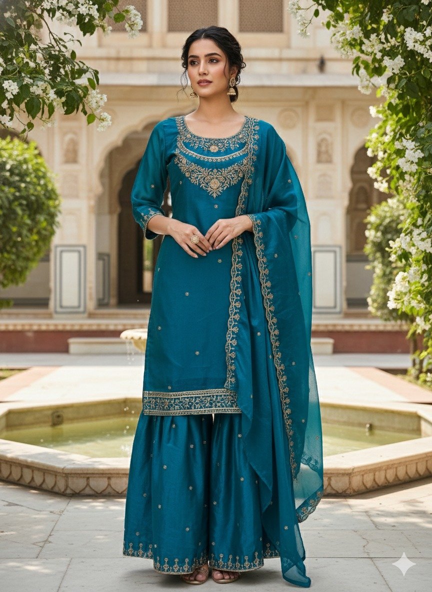 FESTIVAL SEASON LUNCH NEW DESIGNER HEAVY EMBROIDERY WORK ON FENDY FABRIC TOP SHARARA AND DUPATTA SET - Image 3