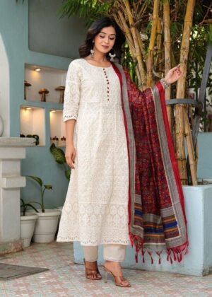 Pure Chikankari Anarkali kurti with pant and silk chanderi digital Print dupatta set