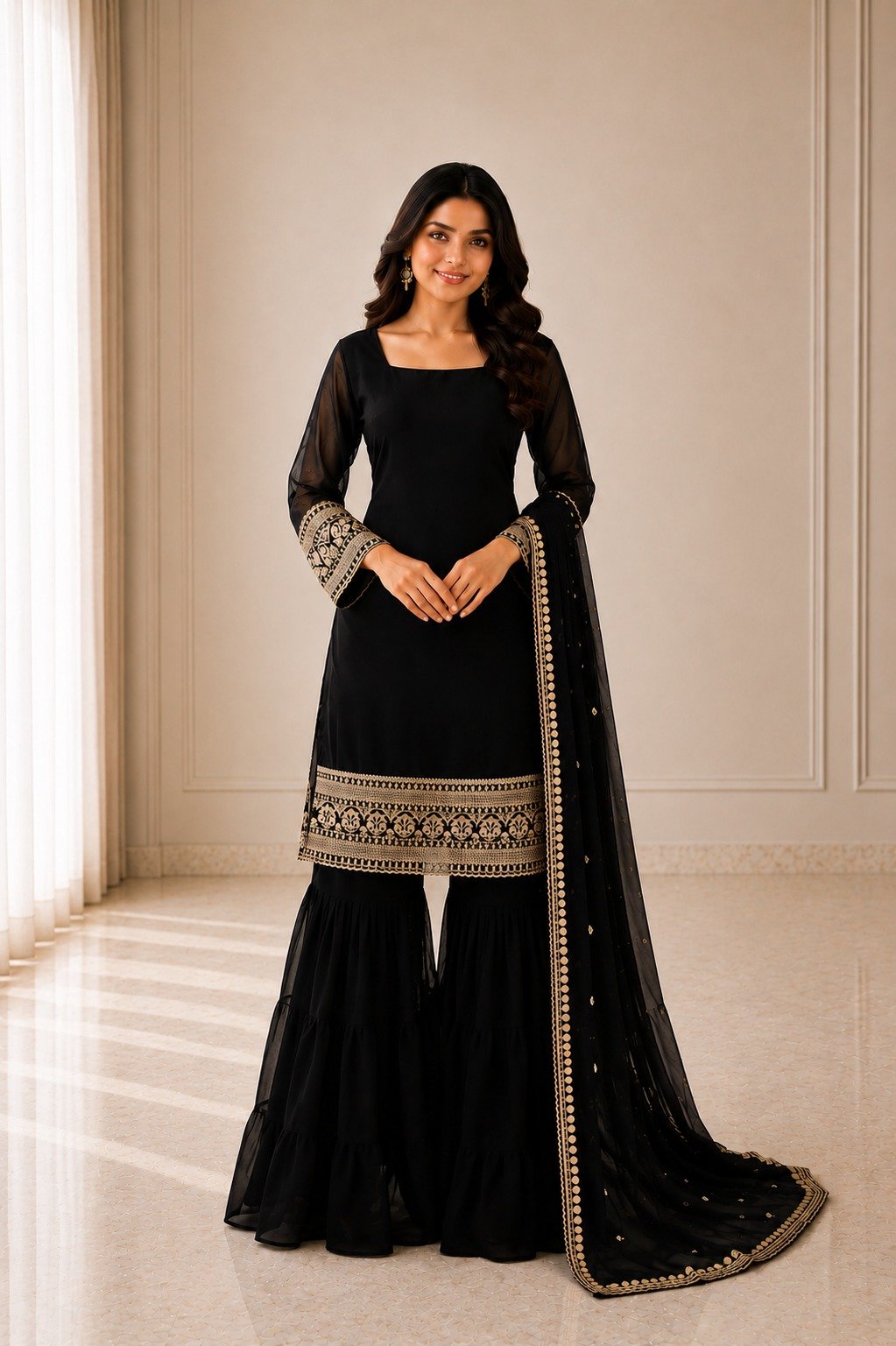 Today We are Launching Exclusively Festive & Party Wear Heavy Fox Georgette With With Embroidery Sequence Work Top -Palazzo And Dupatta Set Fully Stitched Ready To Wear - Image 3
