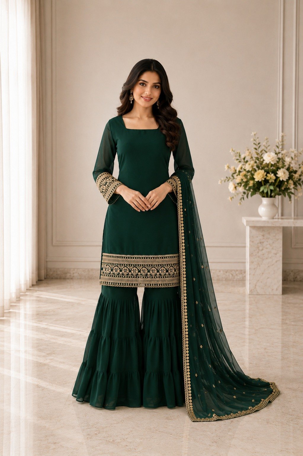 Today We are Launching Exclusively Festive & Party Wear Heavy Fox Georgette With With Embroidery Sequence Work Top -Palazzo And Dupatta Set Fully Stitched Ready To Wear - Image 7