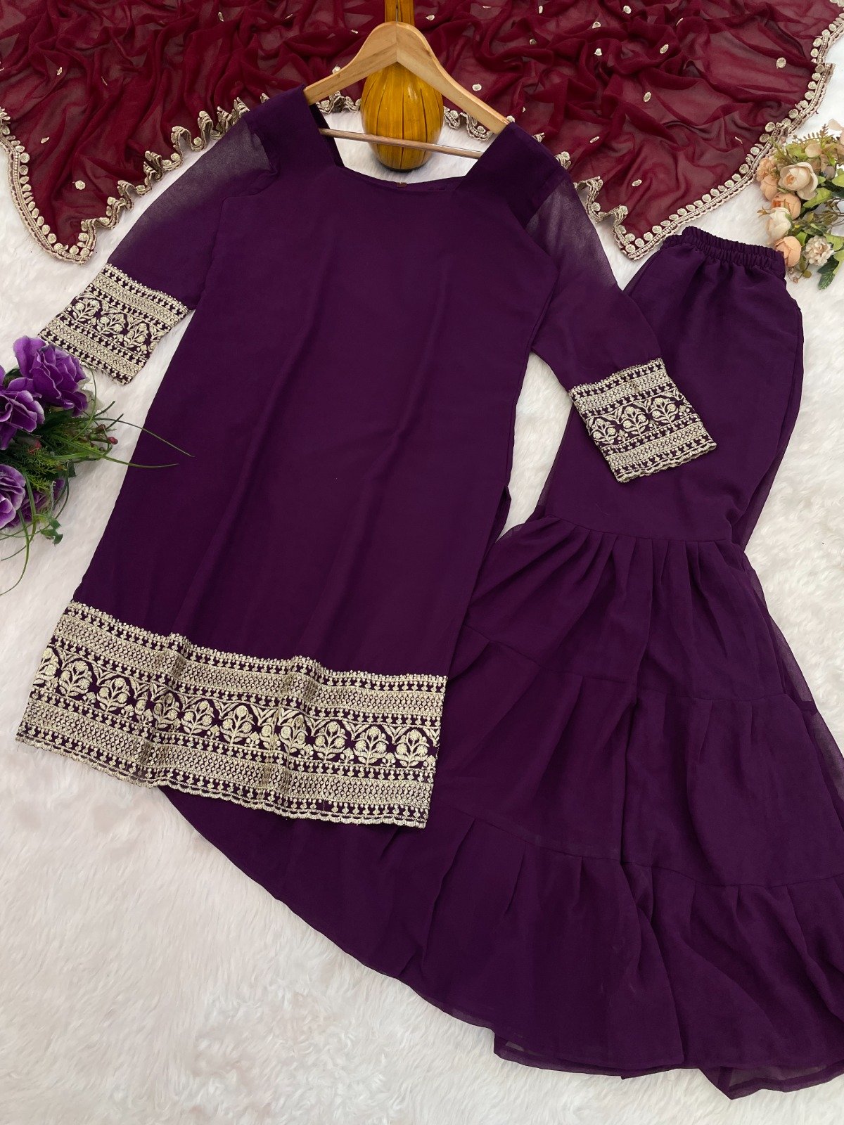 Today We are Launching Exclusively Festive & Party Wear Heavy Fox Georgette With With Embroidery Sequence Work Top -Palazzo And Dupatta Set Fully Stitched Ready To Wear - Image 6