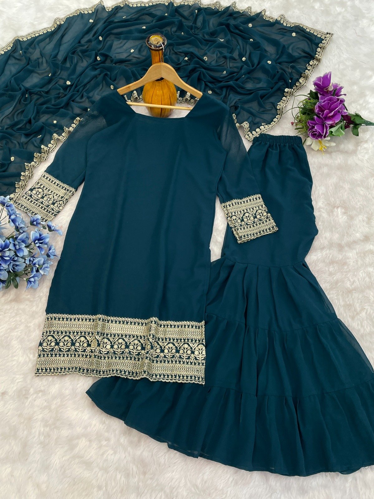 Today We are Launching Exclusively Festive & Party Wear Heavy Fox Georgette With With Embroidery Sequence Work Top -Palazzo And Dupatta Set Fully Stitched Ready To Wear - Image 2