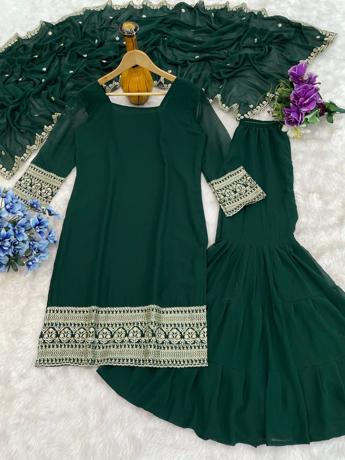 Today We are Launching Exclusively Festive & Party Wear Heavy Fox Georgette With With Embroidery Sequence Work Top -Palazzo And Dupatta Set Fully Stitched Ready To Wear - Image 8