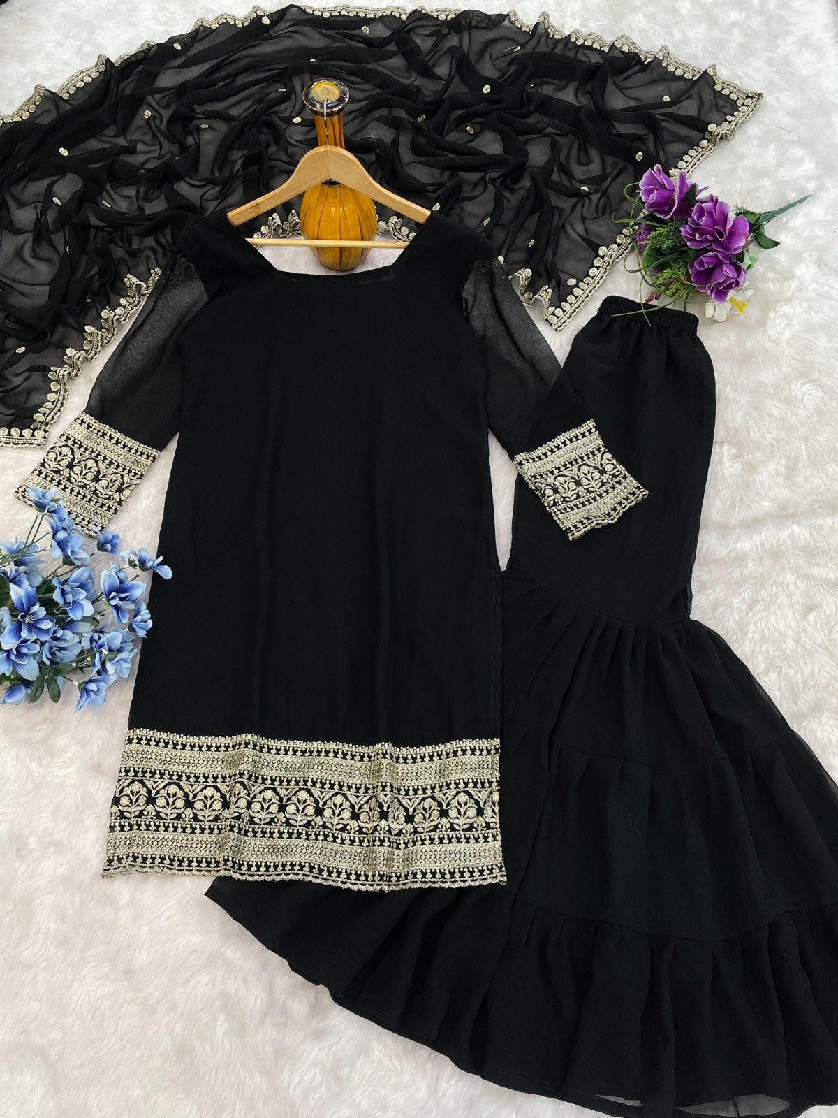 Today We are Launching Exclusively Festive & Party Wear Heavy Fox Georgette With With Embroidery Sequence Work Top -Palazzo And Dupatta Set Fully Stitched Ready To Wear - Image 4