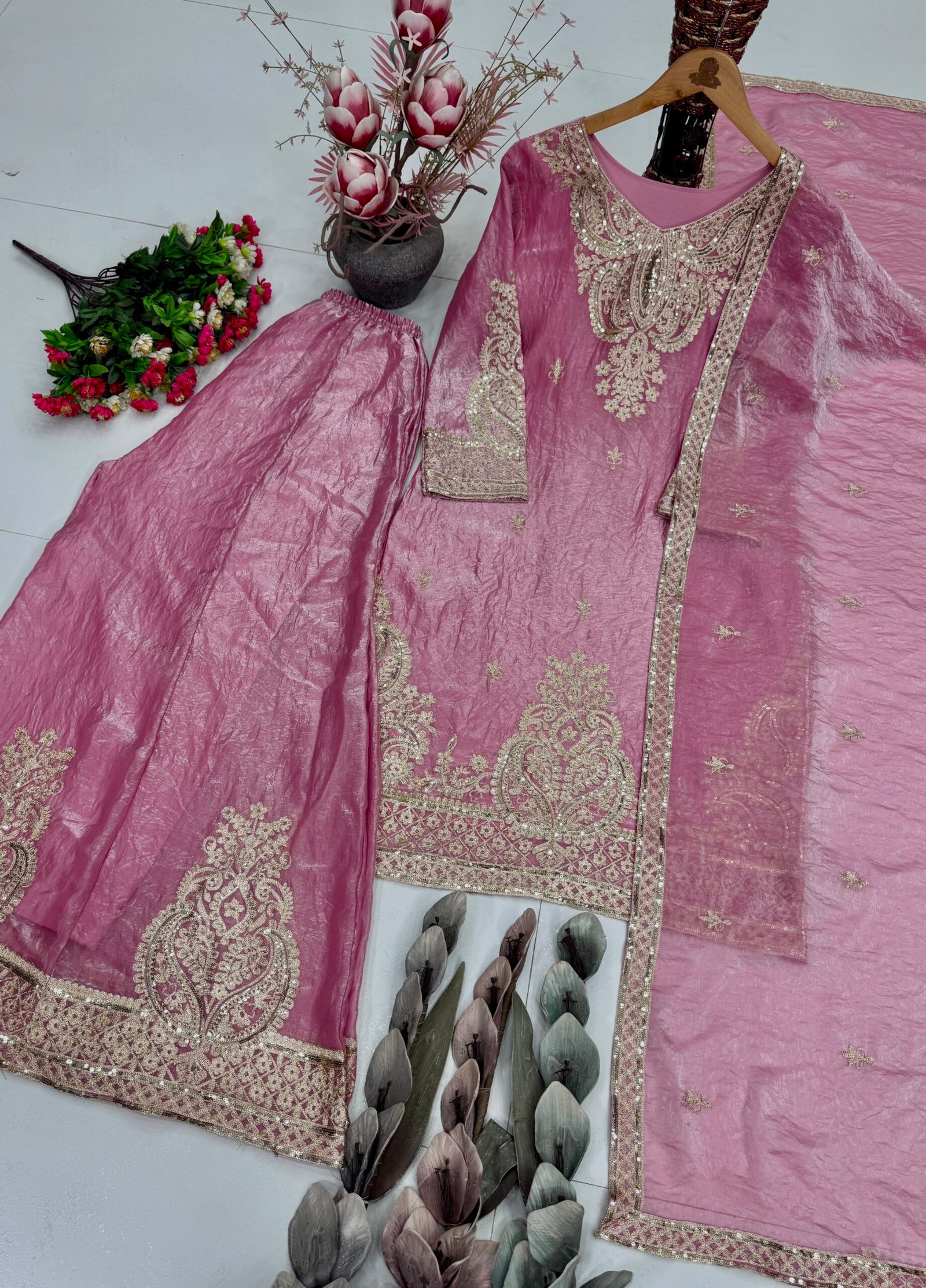 NEW DESIGNER HEAVY EMBROIDERY CHINE SEQUENCE WORK 3 PIS SUIT SET - Image 2