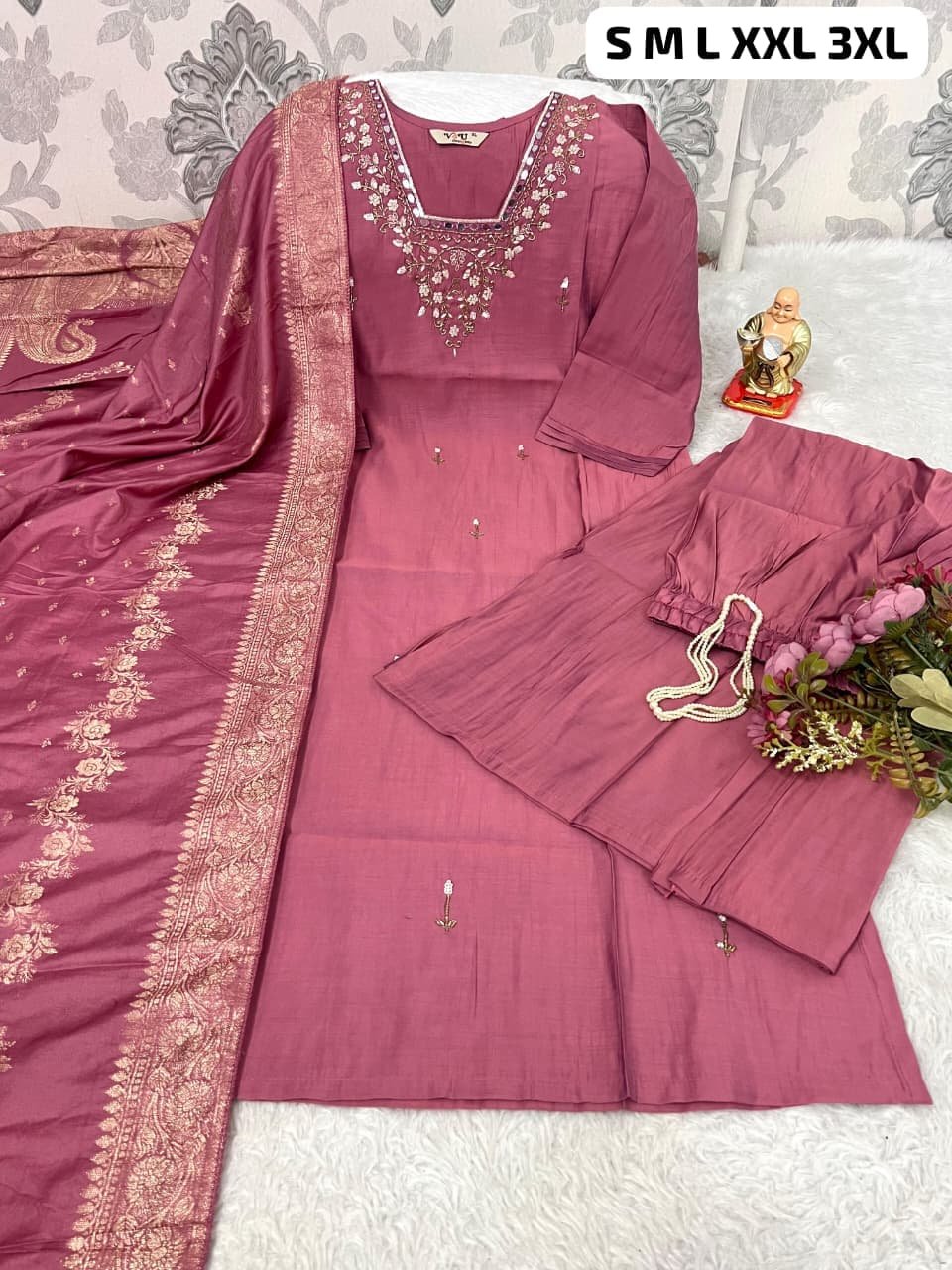 TRENDING KURTI AND PLAZZO SET IN HEAVY NECKLACE SEQUENCE EMBROIDERY & HAND WORK