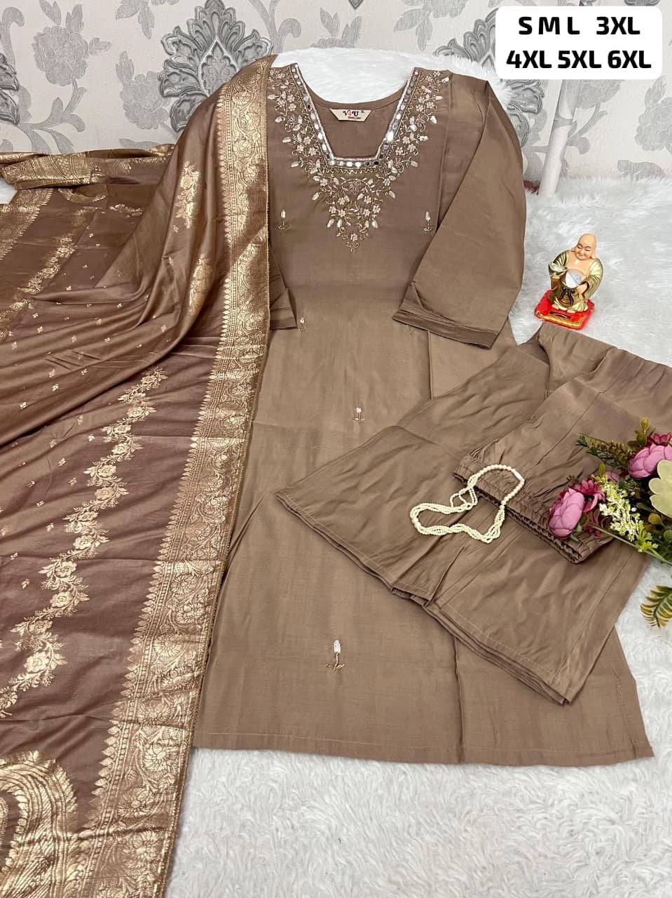 TRENDING KURTI AND PLAZZO SET IN HEAVY NECKLACE SEQUENCE EMBROIDERY & HAND WORK - Image 3