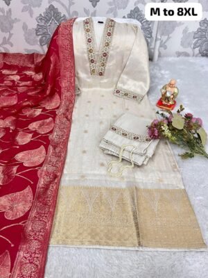 Look straight out of a dreamy movie set as you turn around and walk in this elegant SImmer jaquard silk (attached fully silk inner) hand premium work suit.. the perfect blend of traditional wear and chic design.