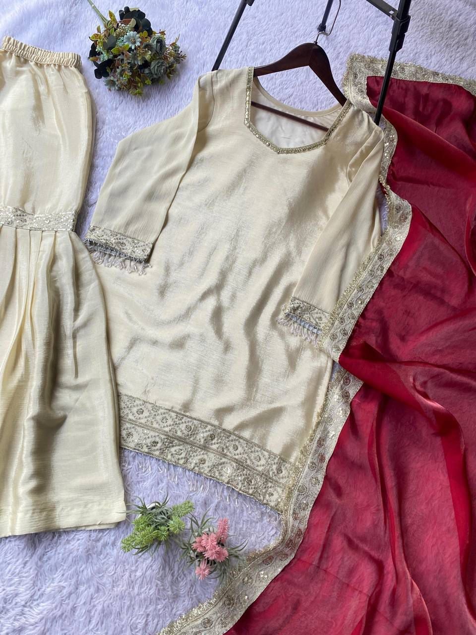 EXCLUSIVE AND TRENDY FOR WEDDING SEASON OUR SEQUENCE EMBROIDERED TOP, SARARA AND DUPATTA - Image 2