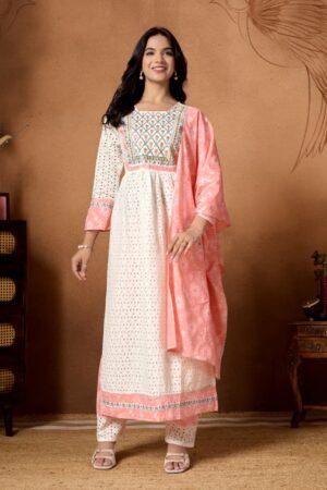 Cotton sifly & cotton nyra cut kurti with lineing sequence emb work with gota lace. cotton print pant & dupptta 