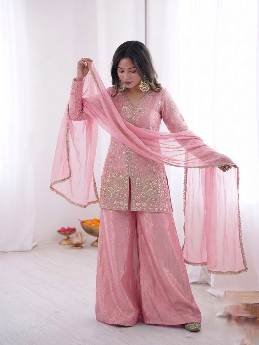 Launching New Party Wear Look Pur Heavy Fendy Silk Top Plazzo & Dupatta Se