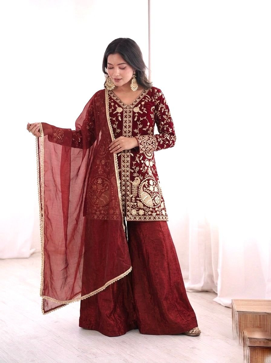 Launching New Party Wear Look Pur Heavy Fendy Silk Top Plazzo & Dupatta Se - Image 3