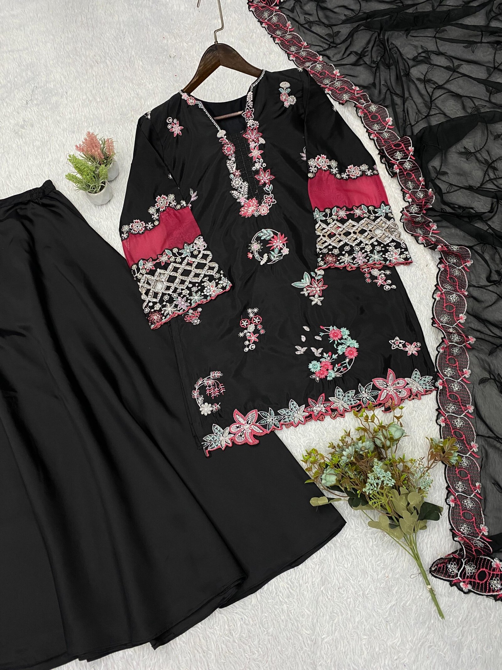 THIS WEDDING SEASON WEAR OUR BEAUTIFUL SEQUENCE EMBROIDERED WITH CUT WORKED TOP , PLAZZO WITH DUPATTA - Image 2