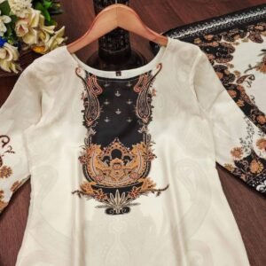 Alternative view of Ivory and Black Pakistani Suits made from Pure Muslin fabric with digital prints and lace detailing certainly sound like a fashionable choice for upcoming occasions