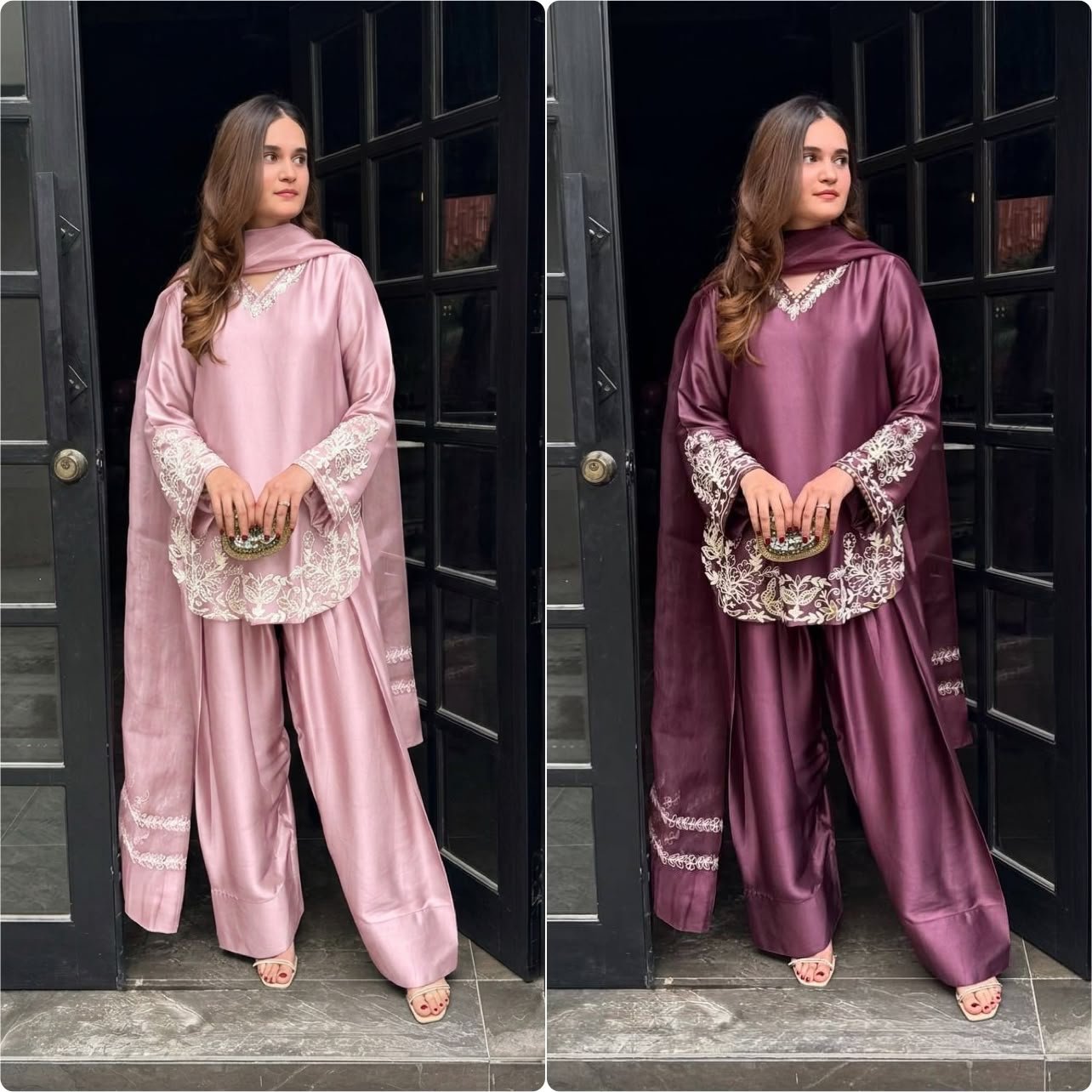 Presenting New Designer Collection In Natural Crep Silk Top-Bottom And Dupatta Set Fully Stitched Ready To Wear - Image 5