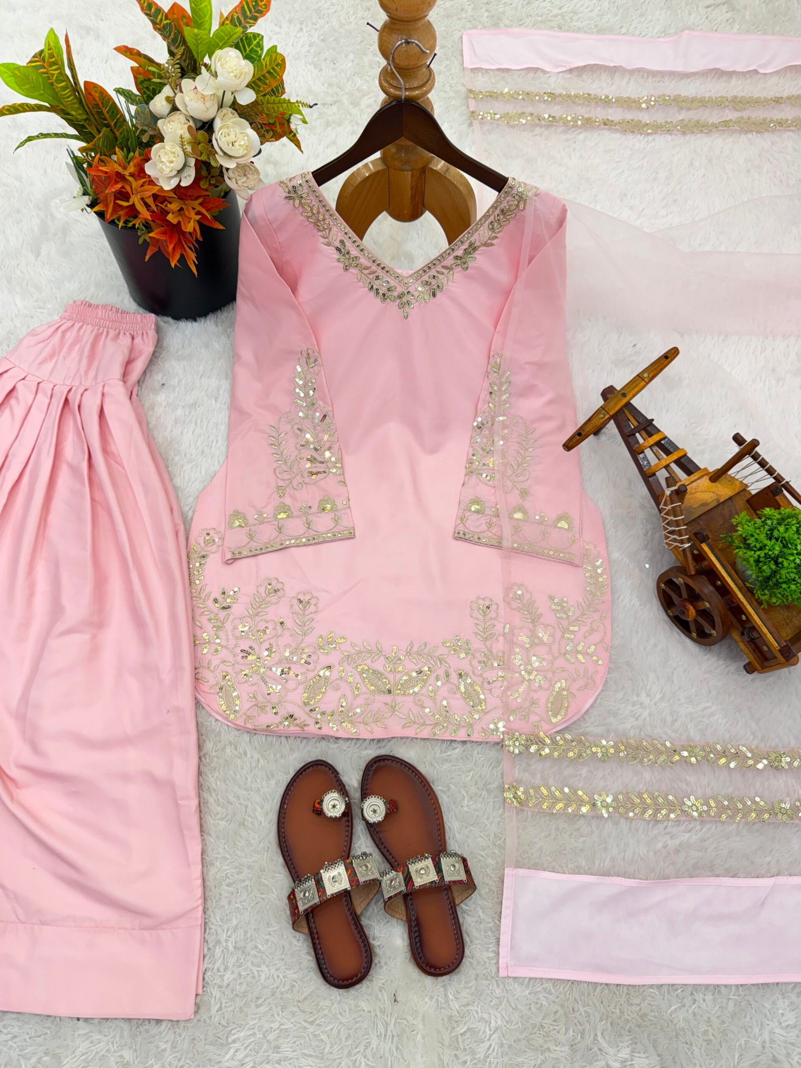 Presenting New Designer Collection In Natural Crep Silk Top-Bottom And Dupatta Set Fully Stitched Ready To Wear - Image 2