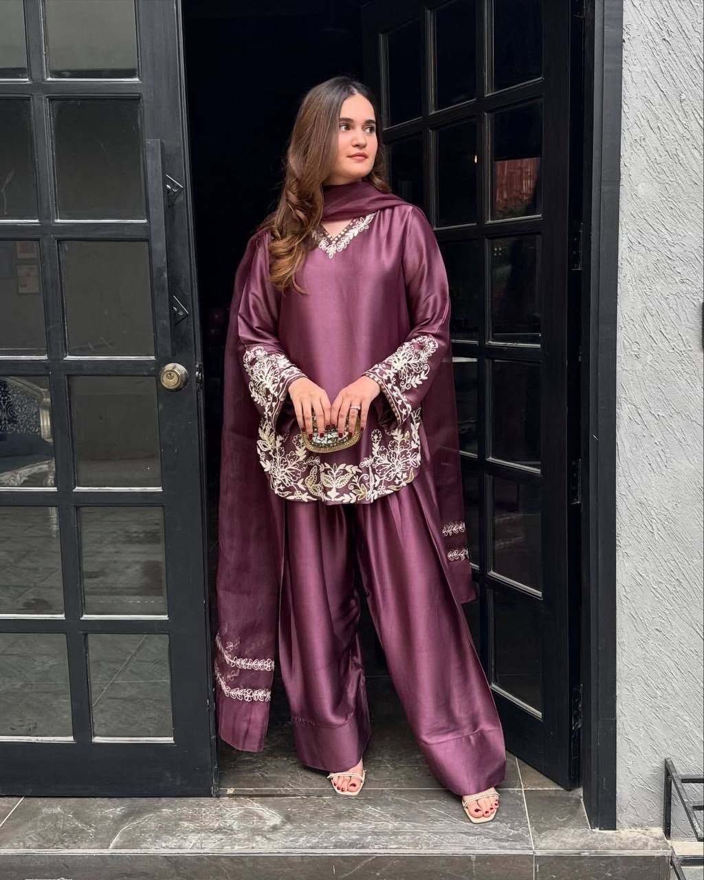 Presenting New Designer Collection In Natural Crep Silk Top-Bottom And Dupatta Set Fully Stitched Ready To Wear - Image 3