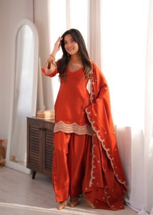 GLASS ROMAN SILK FABRIC WITH EMBROIDERY SEQUENCE DORI AND JARI WORK WITH BEAUTIFUL FORNT YOKE WORK PATTERN