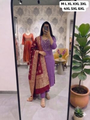 Premium Roman Silk Kurti With Handwork With Pant With Beautiful Jequard Duppata