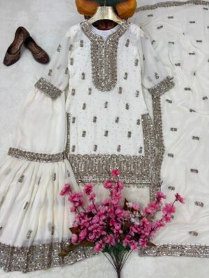 Alternative view of PREMIUM FAUX GEORGETTE EMBROIDERED KURTI SHARARA SET WITH DUPATTA