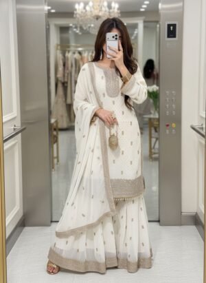 PREMIUM FAUX GEORGETTE EMBROIDERED KURTI SHARARA SET WITH DUPATTA
