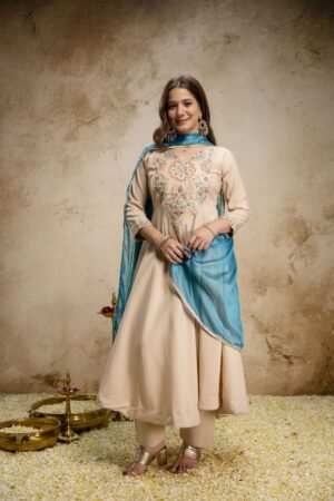 WOMEN'S PURE VISCOSE CHANDERI EMBROIDERED BEATS WORK KURTA SETS