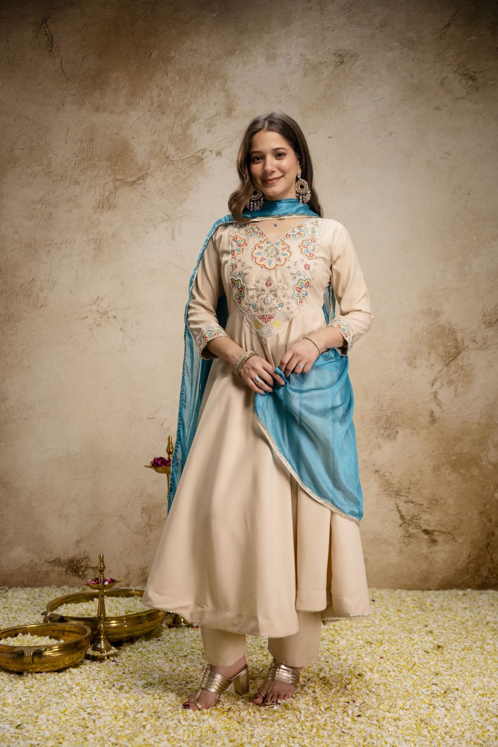 WOMEN'S PURE VISCOSE CHANDERI EMBROIDERED BEATS WORK KURTA SETS