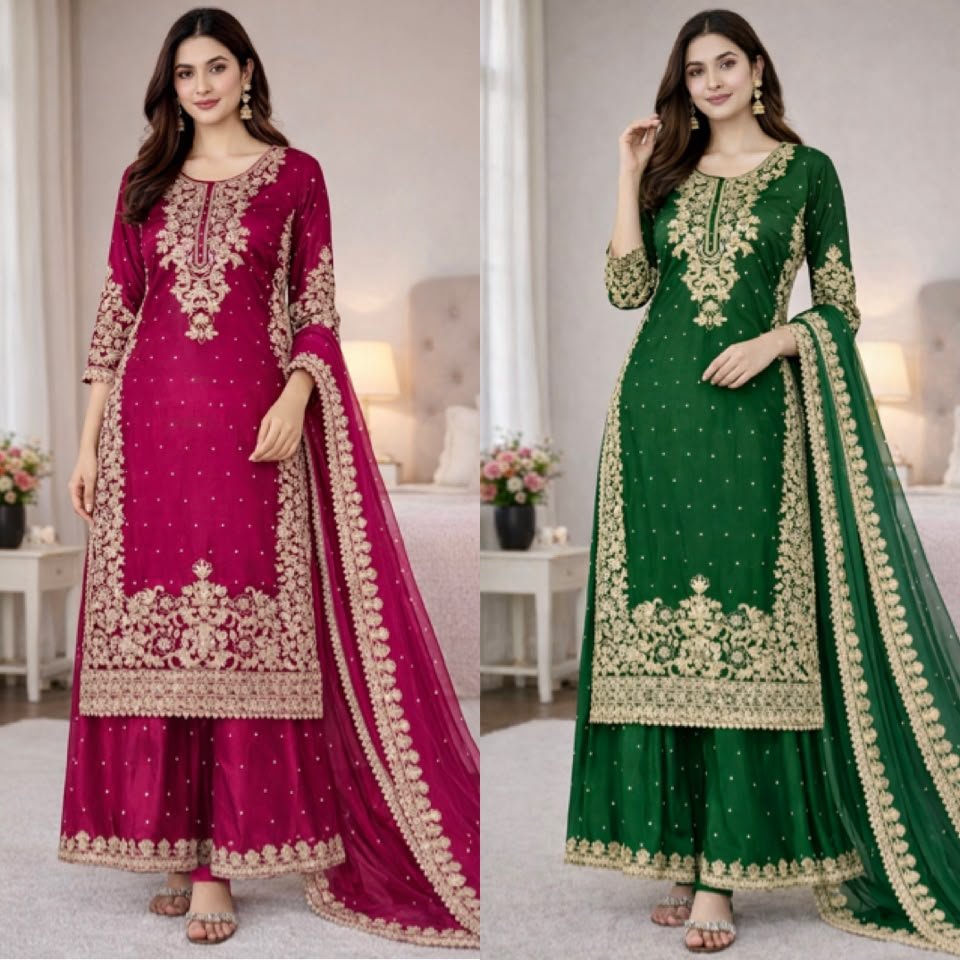 Presenting New Designer Collection In GMY SILK With Heavy Embroidery Coding Sequence Work Top-Bottom And Dupatta Set Fully Stitched Ready To Wear - Image 5