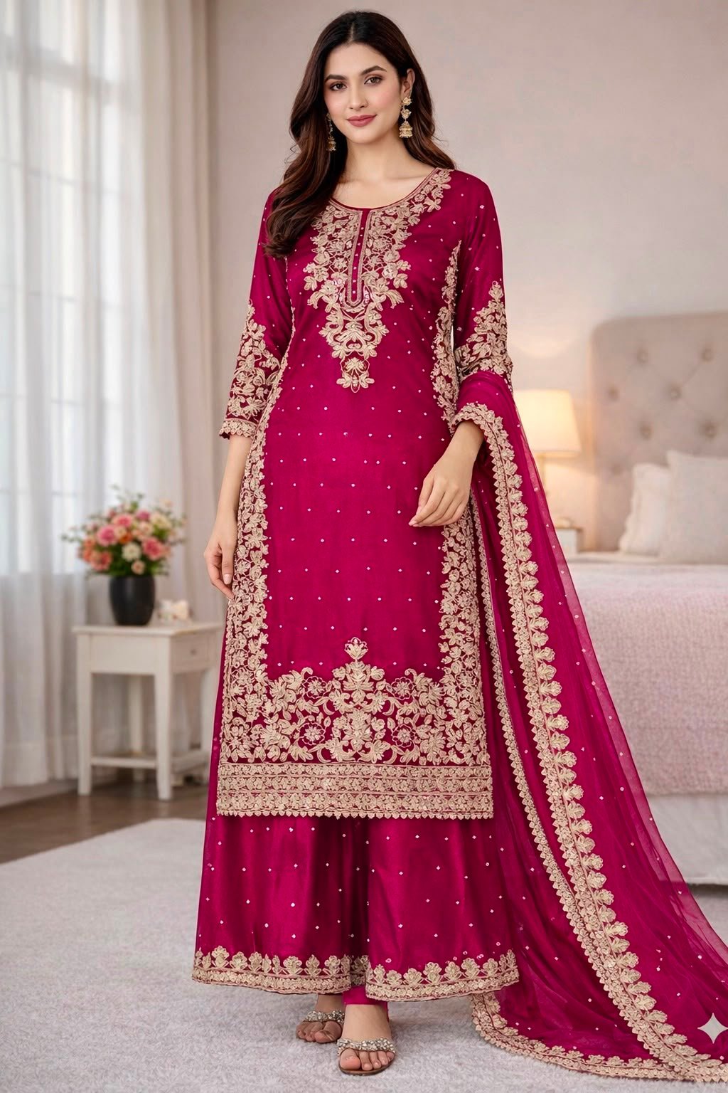 Presenting New Designer Collection In GMY SILK With Heavy Embroidery Coding Sequence Work Top-Bottom And Dupatta Set Fully Stitched Ready To Wear