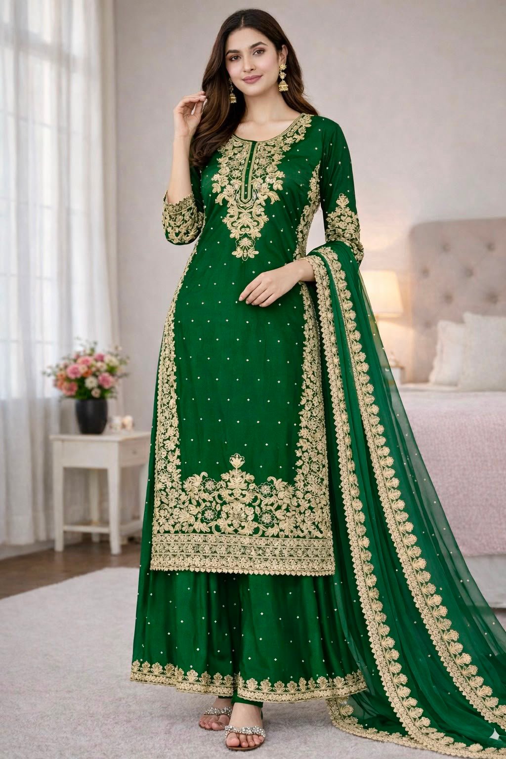 Presenting New Designer Collection In GMY SILK With Heavy Embroidery Coding Sequence Work Top-Bottom And Dupatta Set Fully Stitched Ready To Wear - Image 3