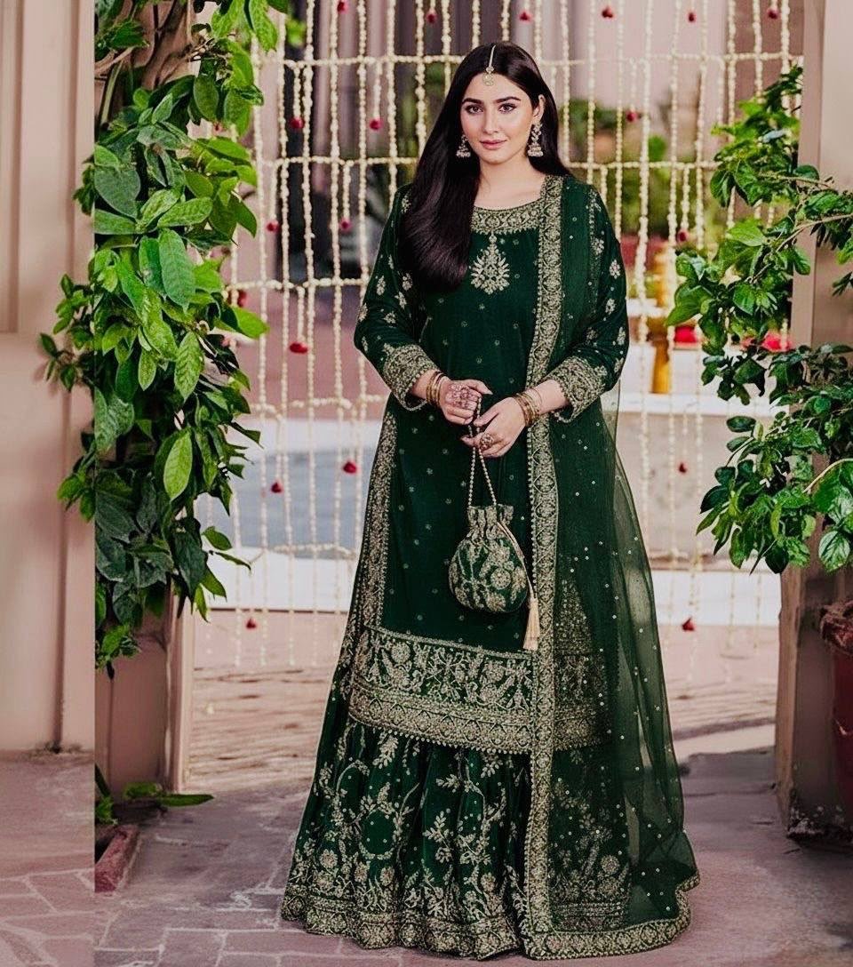 NEW DESIGNER WEAR 9000 VELVET TOP WITH SHARARA - Image 3