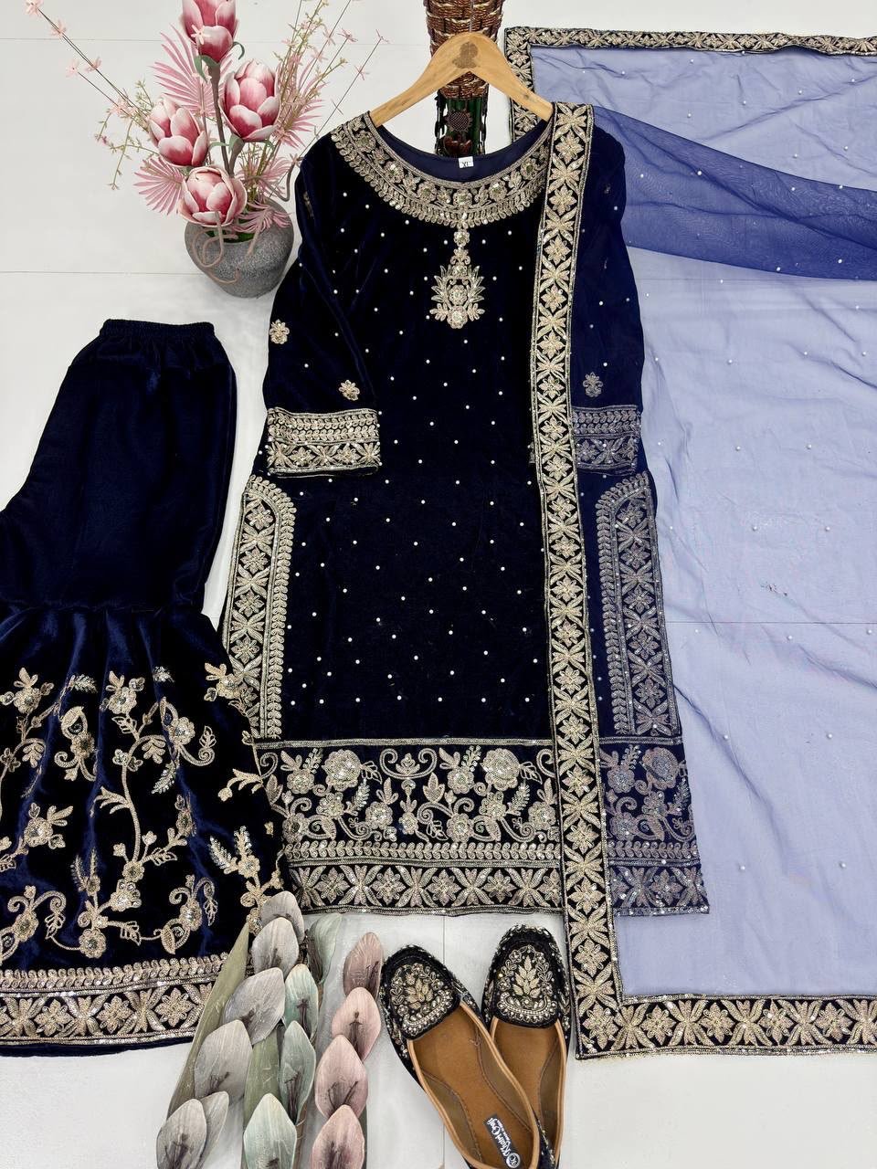 NEW DESIGNER WEAR 9000 VELVET TOP WITH SHARARA - Image 6