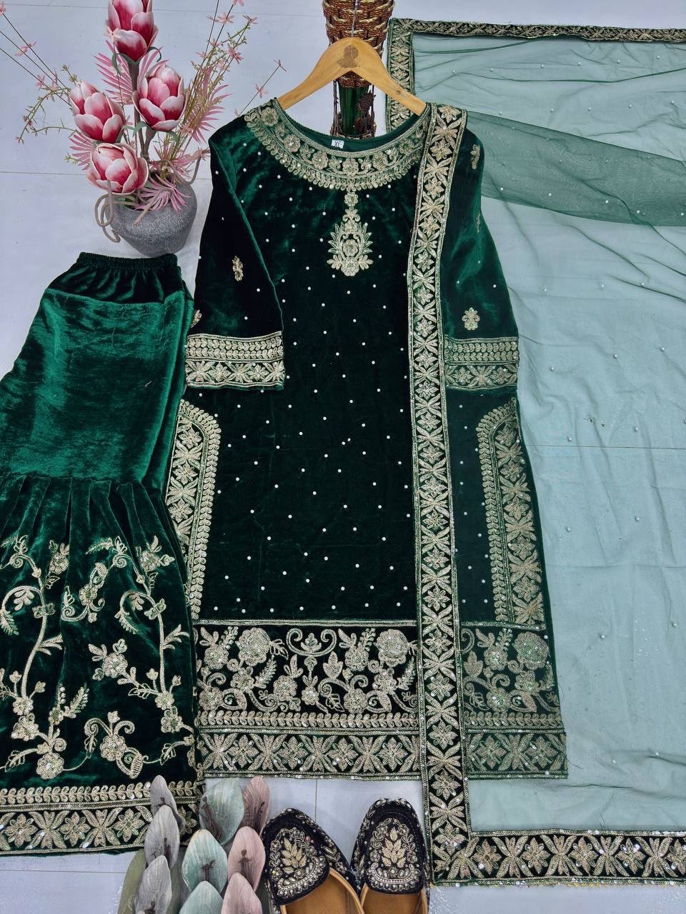 NEW DESIGNER WEAR 9000 VELVET TOP WITH SHARARA - Image 4