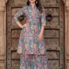 WOMEN'S TEAL BLUE FLORAL PRINT COLLARED KURTA WITH WIDE-LEG PLAZOO SET