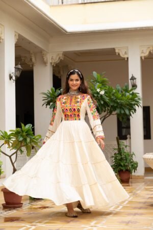 Celebrate the festive spirit in this beautifully fully flared Navratri gown,