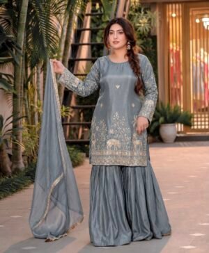 PRESENTING 3 PIECE STYLISH TOP, SHARARA AND DUPATTA WITH BEAUTIFUL EMBROIDERY SEQUENCE WORK